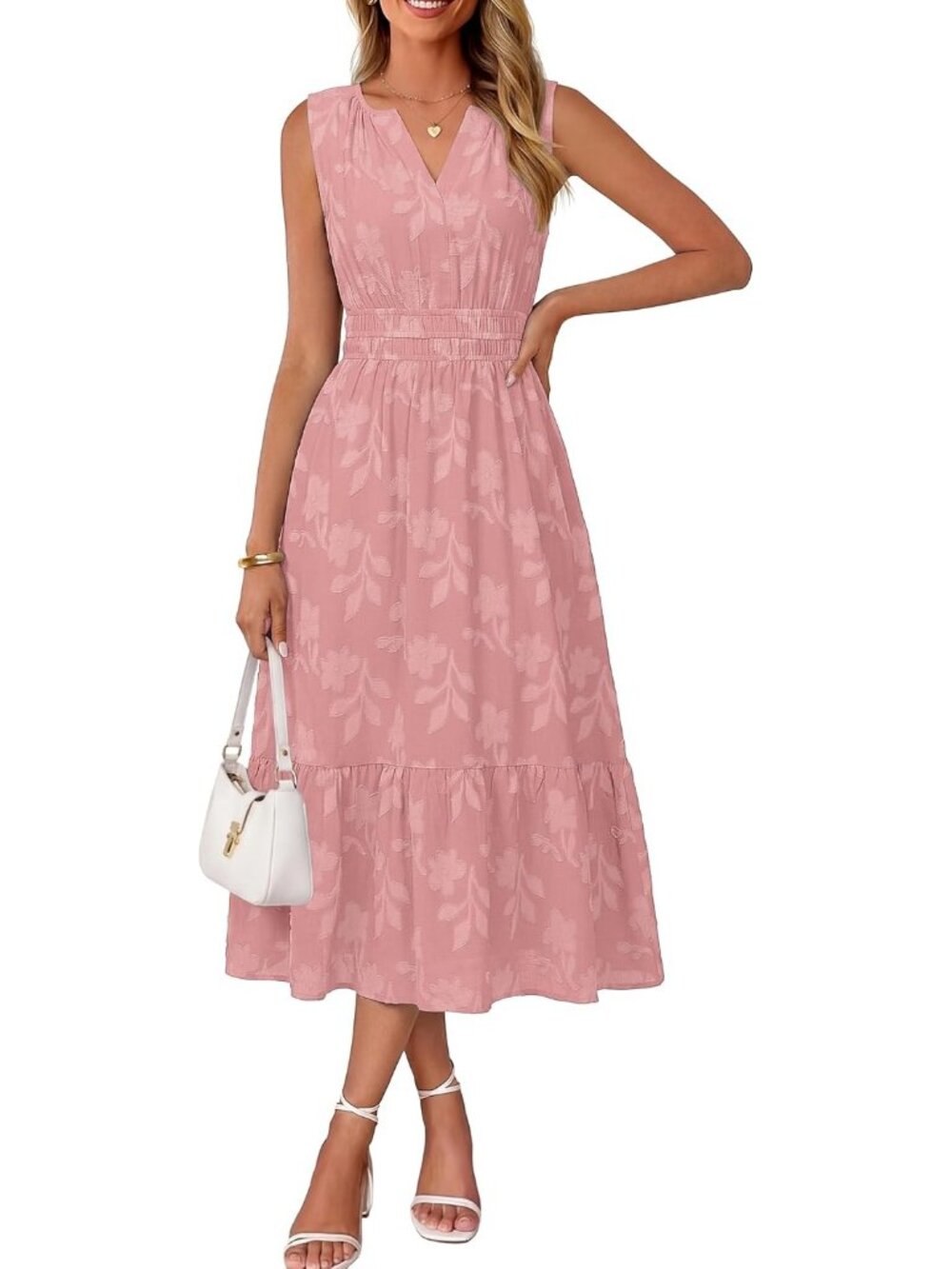 Women's Light Pink Sleeveless V Neck A LINE Floral Casual Imported Maxi Dress